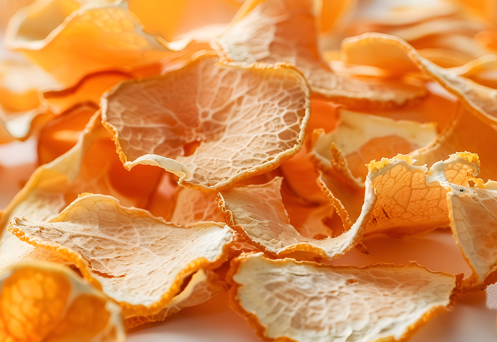 Many dry orange peels on white table, closeup
