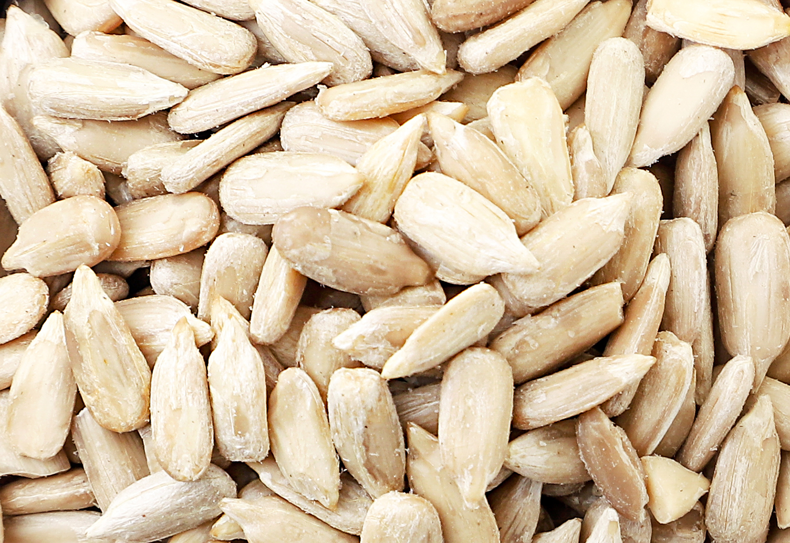 Sunflower kernels in a wooden plate and scattered close-up on a white background. Top view.
